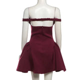 Burgundy Off-shoulder Plunge Backless Mini Dress-Outfit