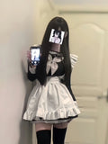 Kawaii Sweet Sailor Collar Bow Long Sleeve Dress for Women+ Y2k E-Girl Ruffles Slim Waist Apron Autumn Two Piece Setas-Outfit