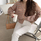 Style Spring Plaid Cardigan Women V Neck Single-breasted Button Knitted Sweater Female Retro