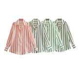 Fongt New Fashion Temperament Lapel Multi-Color Stripe Silk Satin Texture Long Sleeve Loose Shirt Female-Outfit