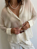 Chic Mesh See Through Loose Shirts Women Long Sleeve Lapel Button-Down Tops Spring Autumn Solid Casual Blouses Tops-Outfit