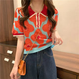 Women Puff Short Sleeve Printed Flowers Sweaters Shirts Polo Collar Cropped Thin Sweater Pullover Crop Top For Female-Outfit