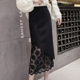 And Winter Lace Spliced Half Skirt High Waist Design Sense Positive And Negative Knitted Slit Hip Skirt Temperament One-Step Skirt-Outfit
