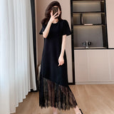 Fongt High-End Lace Splicing Dress 2025 Light Luxury Temperament Slim Thin Short Sleeve Black Dress