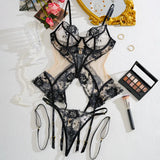 Black Lace Design Sheer Lock Lingerie Set-Outfit