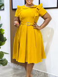 Fongt Women's Short-Sleeved Doll Collar Solid Color Short-Sleeved Lotus Leaf Side High-Waisted Dress