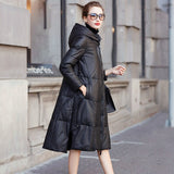 High Quality Genuine Leather Coat Women Winter Down Jacket Sheepskin Outerwear A-Line Cloak Hooded Long Coats Tops
