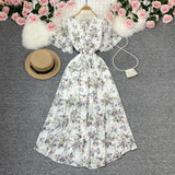 Fongt Wind Temperament Sweet Broken Flower V Collar Dress Beach Vacation Snow Spinning A Word Long Skirt-Outfit