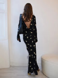 Chiffon Floral Print Long Sleeve Backless Maxi Dress High Split Elegant Slim Evening Dress 2023 Autumn Outfits-Outfit