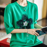 Casual Stylish Tie Flowers T-shirt Women's Clothing Loose Chic Three-dimensional Decoration Korean Round Neck Pullovers-Outfit