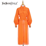Casual Patchwork Perspective Dress For Women Lapel Lantern Long Sleeve High Waist Elegant Dresses Female
