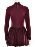 Burgundy Turtleneck Long Sleeve Puff Skirt Mini Dress-Outfit