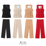 Fongt Women's 2025 Summer New Fashion Button Vest Straight Pants Set