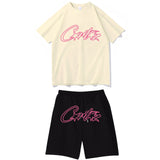 Devil Island Rose Red Letter Printed Short-Sleeved T-Shirt Casual Shorts Set For Men And Women-Outfit