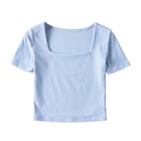 Solid Color Square Neckline Navel Women's Short Sleeves Summer High Waist Thin T-Shirt Cotton Large Neckline Slim Blouse-Outfit