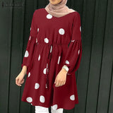 ZANZEA Women Polka Dots Printed Muslim Blouse Lace-Up Puff Sleeve Islamic Clothing Elagant Casual Dubai Marocain Turkish Tops 1028-0-Outfit