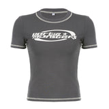 Style Spring And Summer Women's Wear 2024Ins Hot Girls Street Celebrities Gray Function Wind Printed Short-Sleeved T-Shirt