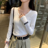 Design Label Large Round Neck Long-Sleeved T-Shirt Women's Early Autumn Low-Collar Bottomed Blouse Threaded Slim Blouse-Outfit