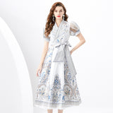 Fongt Court Dress Female Design Print Strap To The Waist Long French Bubble Sleeve Temperament Dress Dress Woman