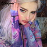 mesh sheer women t shirt crop top Anime print long sleeve gloves patchwork bodycon sexy 2023 summer clothes party