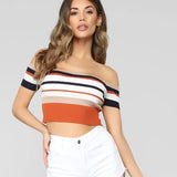 Fongt And Summer Explosion Of Women's Stripes Lace Bare Back Shoulder Leakage Collarbone Short T-Shirt Women's Top