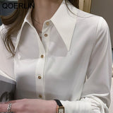 Girly Imitation Silk White Shirt Texture Elegant Commuting Style Plus Size Blouse Turn Down Button Puff Sleeve Top