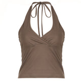 Solid V Neck Bandage Halter Crop Top Summer Basic Casual Sleeveless Backless Tank Tops Women Y2k Aesthetic Summer Tee 90s-Outfit