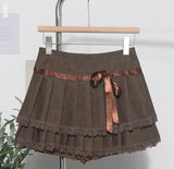 Vintage College Wind Bow Lace 100-Fold Short Skirt High Waist Anti-Walking Pu Skin Skirt