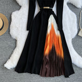 Fongt Knit Splicing Dress Simple Temperament Round Collar Long Sleeve Gradient Slim Thin Long Skirt Woman-Outfit