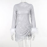 Autumn Bling Glitter Long Sleeve Side Slit Sexy Mini Dresses For Women Feather New Fashion Party Clubwear Y2K Fall Outfits-Outfit