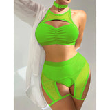 Dark Fishnet Female Black Lingerie Gothic Patchwork Cut Out Underwear Sets Exotic Women Sexy Ruched Bra And Garters