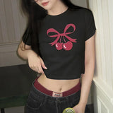 And Lovely Cherry Bow Printed Round Collar Basic T-Shirt Girls Wear A New Style Of Simple Blouse In Summer-Outfit