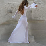 Mesh See Through Long Sleeve Women Dress 2023 Summer Casual Sexy White Maxi Beach Dresses O Neck Solid Loose Outfits-Outfit