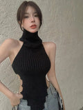 Fongt Vest Knitted Shirt Women Spring Autumn New Design High-Necked Sweater Hot Girl Sexy Thin Short