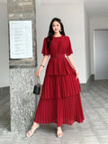 Fongt Familiar With The Style Of Temperament Short-Sleeved Round Collar To Close The Waist Thin Cake Dress Dress Dress Woman