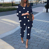 Bohemian Summer Polka Dots Printed Holiday Matching Sets Long Sleeve O-Neck High Low Blouse Femme Fashion Casual