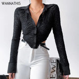 Turn Down Collar Jacquard Women Cropped Blouse Button Long Sleeve Black Basic Sexy Autumn Irregular Fashion Lady