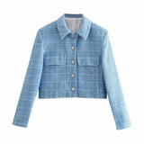 Women 2021 Fashion Single Breasted Tweed Check Short Blazers Coat Vintage Long Sleeve Pockets Female Outerwear Chic
