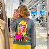 Contrast Printed Sweatshirts Women Loose O-neck Long Sleeve Pullovers Female 2023 Autumn Fashion Casual Ladies Top-Outfit