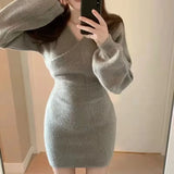 Fongt Korea Chic Spring And Autumn New Sexy Careful Machine Cross V Collared Hip Dress Women Knitted Short Skirt Sweater