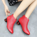 2021 Summer Ankle Boots Genuine Leather Shoes Women Med High Heel Back Zipper Boots Cutout breathable Mujer