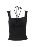 Black Pleated Halter Tank Top with Wooden