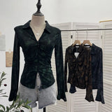 Real Shooting 2025 Spring And Summer New Tie Dye Mesh Elastic Temperament Clasp Tsets Single-Dear Horn Sleeve Shirt