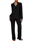 Long Sleeve Button Down Ribbed Knit Pajamas Set-Outfit