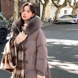 Pinghu Down Jacket Female Winter 2024 New Advanced Sense Sweet White Duck Velvet Ox Horn Buckle Thick Warm Long Coat-Outfit