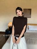 Fongt Xixi 2025 Autumn New White Standard Temperament High-Neck Solid Color Knit Shirt Short-Sleeve Top Lady 25368