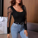 Fongt Women's Wear 2024 Summer New U Collar Mesh Sleeve Splicing Pure Color Versatile Show Thin Temperament T-Shirt Women's Top-Outfit