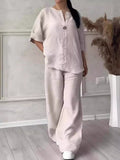 Fongt Fashion Women's Comfortable Loose Top Broad Leg Trousers Casual Cotton
