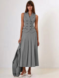 Buttoned Vest And Pleated Midi Skirt Two Piece Set-Outfit