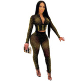 Fashion New Nightclub Hot Drill V Neck Long Sleeves Trousers Women's Two-Piece Set-Outfit